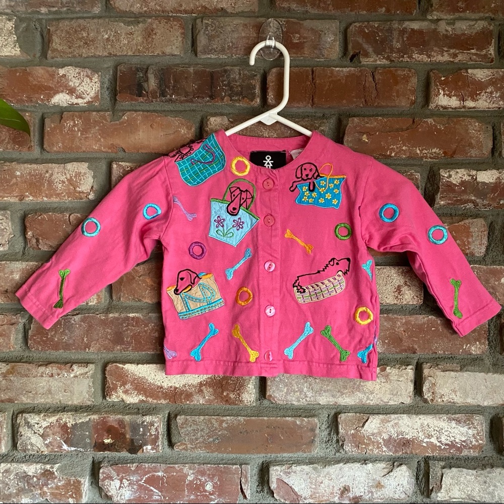 Michael Simon Girl Embroidered Dog Bone Print Cardigan Button Up